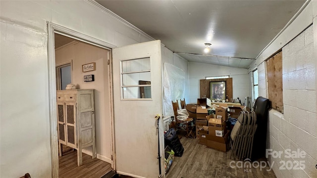 2118 Polkville Rd, Shelby, NC 28150 - corridor with crown molding, wood finished floors, and vaulted ceiling