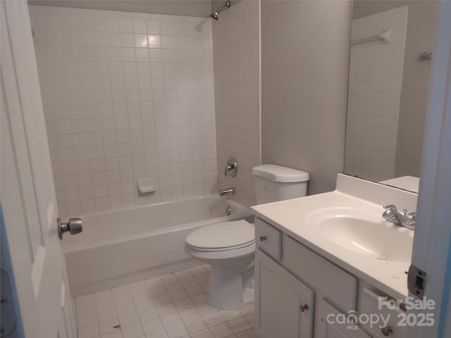 bathroom with toilet, shower / bath combination, vanity, and tile patterned flooring
