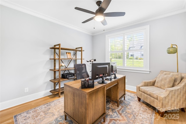 108 Castleview Ln, Mooresville, NC 28115 - home office with ceiling fan, baseboards, wood finished floors, and ornamental molding
