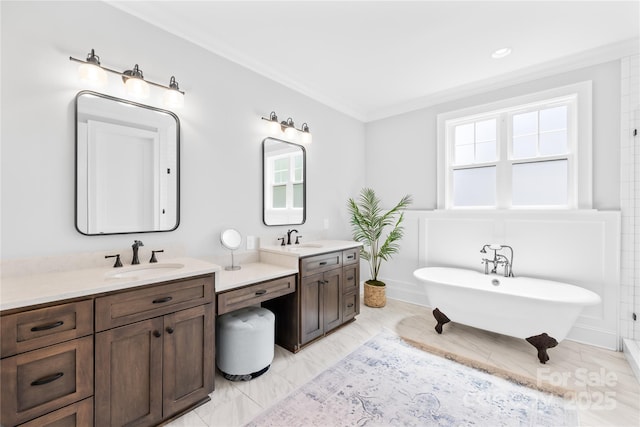 108 Castleview Ln, Mooresville, NC 28115 - full bath with vanity, crown molding, a freestanding tub, and plenty of natural light
