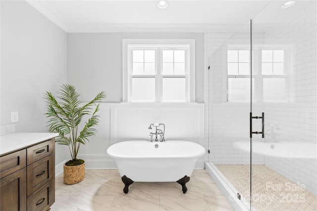 108 Castleview Ln, Mooresville, NC 28115 - full bathroom with a shower stall, a freestanding bath, ornamental molding, and plenty of natural light