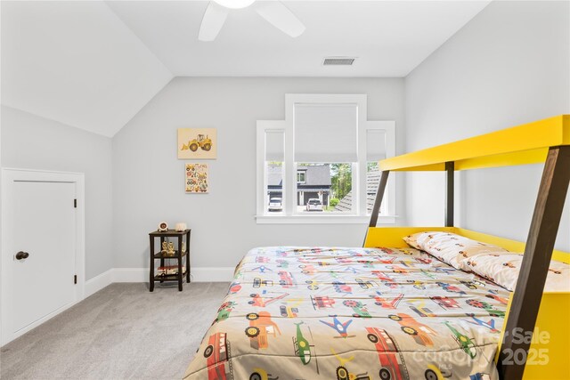 108 Castleview Ln, Mooresville, NC 28115 - carpeted bedroom featuring vaulted ceiling, visible vents, baseboards, and ceiling fan