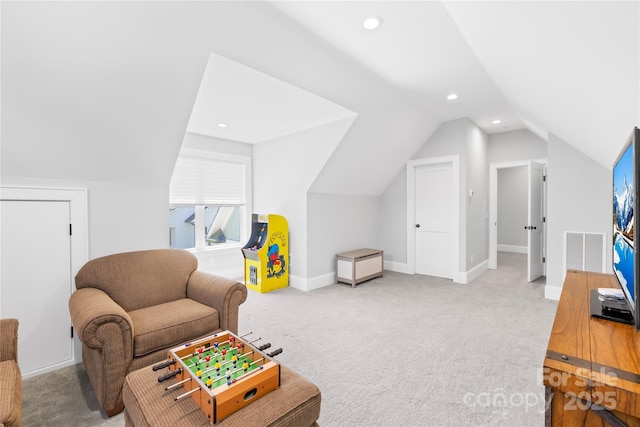 108 Castleview Ln, Mooresville, NC 28115 - living area with baseboards, recessed lighting, visible vents, light colored carpet, and lofted ceiling