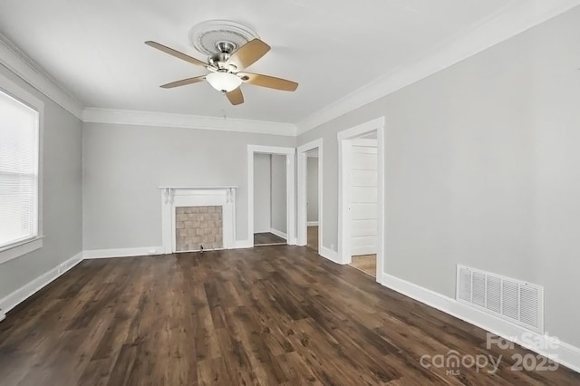 unfurnished living room with ceiling fan, ornamental molding, dark wood-style floors, and visible vents