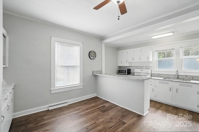 kitchen with a sink, stainless steel microwave, white cabinetry, baseboard heating, and dark wood-type flooring