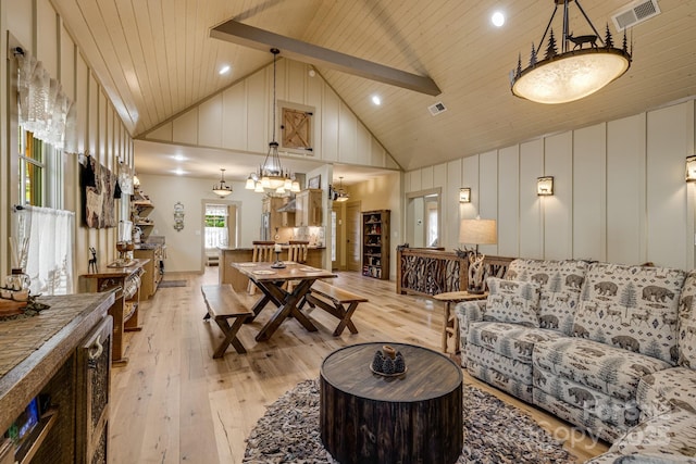 living room featuring high vaulted ceiling, wood ceiling, light wood-type flooring, and visible vents
