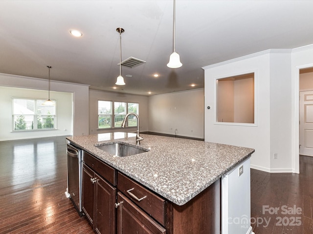 15747 Reynolds Dr, Indian Land, SC 29707 - kitchen featuring open floor plan, stainless steel dishwasher, a sink, and dark wood-style flooring