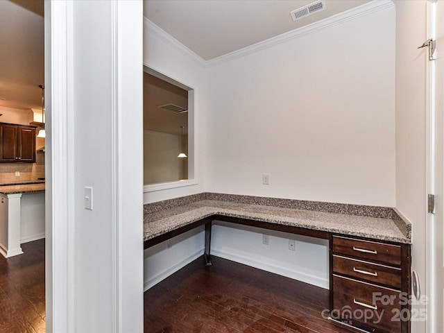 15747 Reynolds Dr, Indian Land, SC 29707 - unfurnished office featuring built in study area, dark wood-style flooring, crown molding, and visible vents