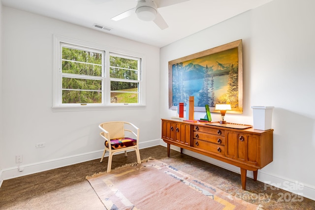 80 Sunset Dr, Marshall, NC 28753 - living area with carpet flooring, baseboards, a ceiling fan, and visible vents