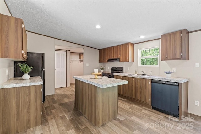 kitchen featuring light wood-style flooring, a sink, stainless steel range with electric stovetop, and dishwashing machine