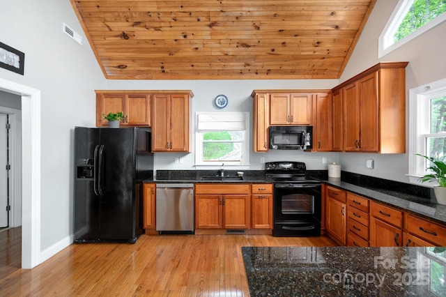 kitchen with brown cabinetry, plenty of natural light, wood ceiling, and black appliances