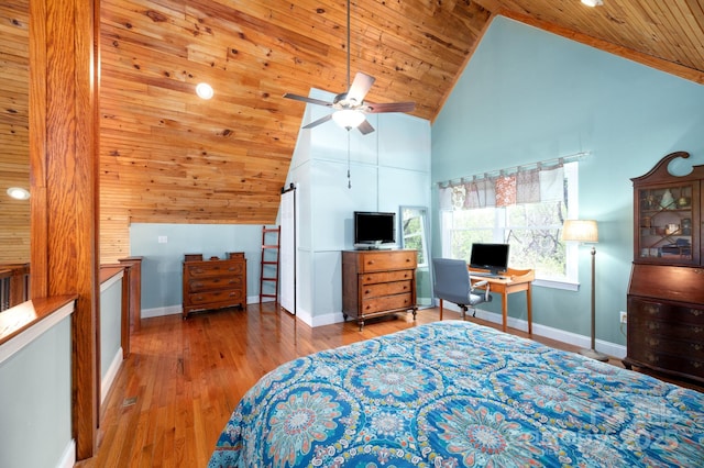 bedroom featuring wood finished floors, baseboards, high vaulted ceiling, a barn door, and wooden ceiling