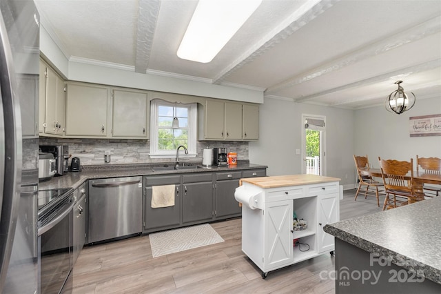 kitchen with a sink, a healthy amount of sunlight, tasteful backsplash, and stainless steel appliances