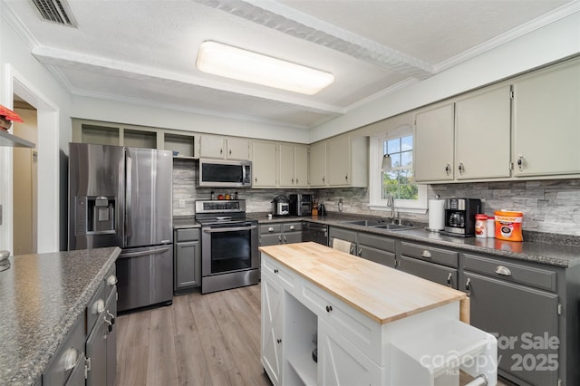 220 Hilltop St, Connelly Springs, NC 28612 - kitchen featuring stainless steel appliances, a sink, butcher block countertops, backsplash, and light wood-style flooring