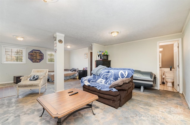 220 Hilltop St, Connelly Springs, NC 28612 - living room with crown molding, a textured ceiling, and baseboards