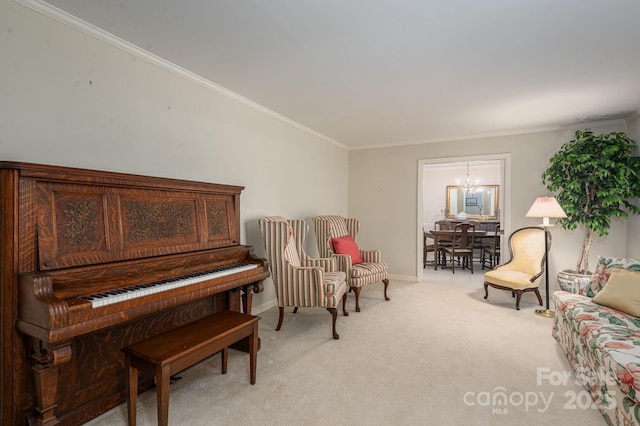 1058 General Hoke Dr, Lincolnton, NC 28092 - sitting room featuring baseboards, ornamental molding, a chandelier, and light colored carpet