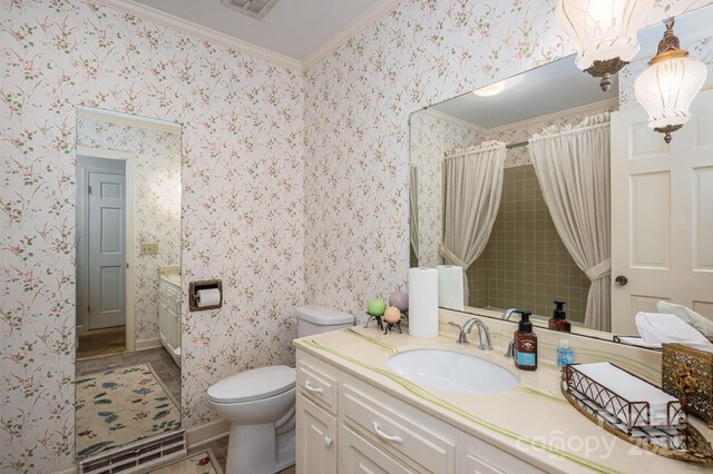 1058 General Hoke Dr, Lincolnton, NC 28092 - bathroom with toilet, visible vents, a shower with shower curtain, crown molding, and vanity
