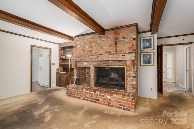 1058 General Hoke Dr, Lincolnton, NC 28092 - unfurnished living room with carpet, beamed ceiling, and a fireplace