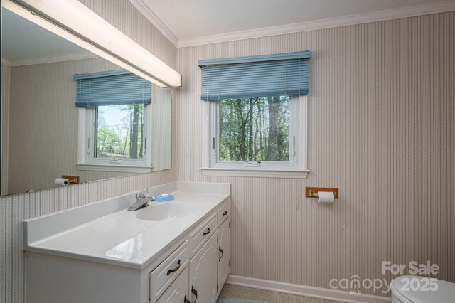 1058 General Hoke Dr, Lincolnton, NC 28092 - bathroom with baseboards, toilet, vanity, and ornamental molding
