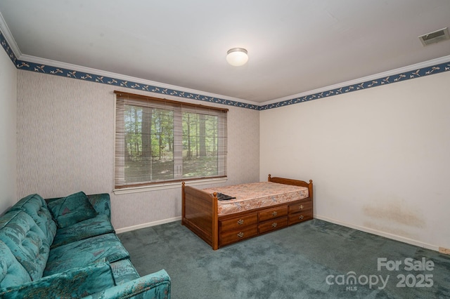 1058 General Hoke Dr, Lincolnton, NC 28092 - bedroom with baseboards, ornamental molding, dark colored carpet, and visible vents