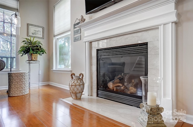 13610 Aldenbrook Dr, Huntersville, NC 28078 - detailed view of a fireplace, wood finished floors, and baseboards