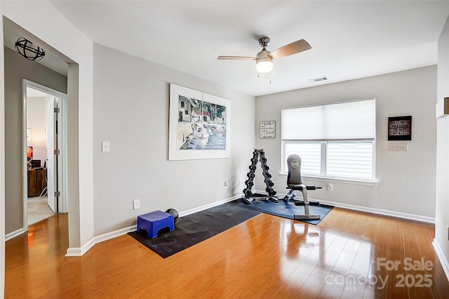 13610 Aldenbrook Dr, Huntersville, NC 28078 - workout room featuring wood finished floors, a ceiling fan, and baseboards