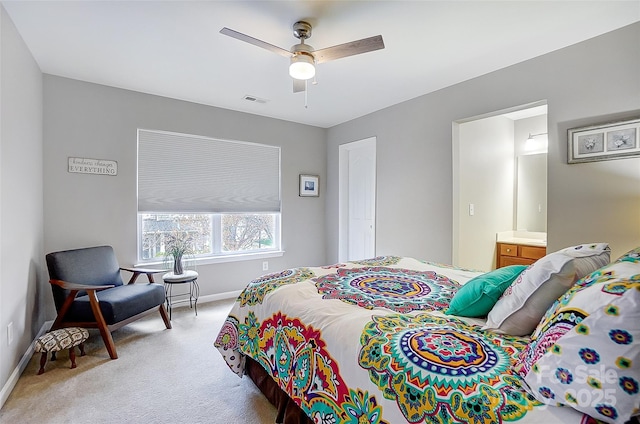 13610 Aldenbrook Dr, Huntersville, NC 28078 - bedroom with light carpet, baseboards, ceiling fan, and ensuite bathroom