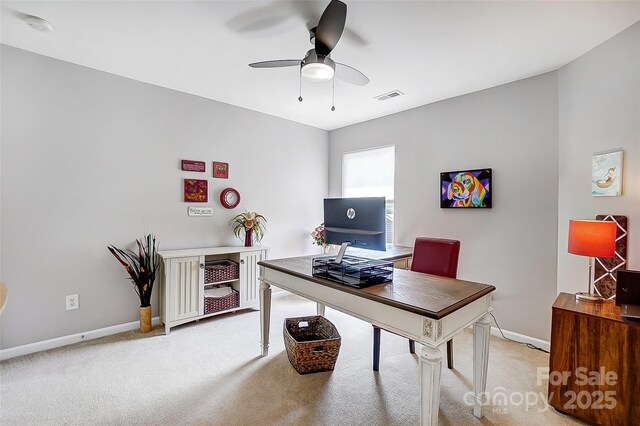 13610 Aldenbrook Dr, Huntersville, NC 28078 - home office with a ceiling fan, light colored carpet, and baseboards