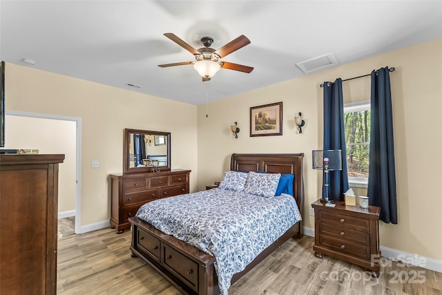 44 Sycamore Dr, Nebo, NC 28761 - bedroom featuring light wood-style floors, visible vents, baseboards, and ceiling fan