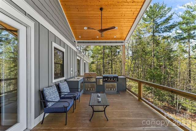 44 Sycamore Dr, Nebo, NC 28761 - wooden terrace with ceiling fan, exterior kitchen, a sink, and area for grilling