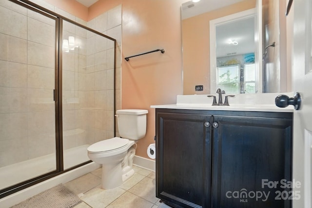 full bath featuring toilet, a shower stall, tile patterned flooring, and vanity
