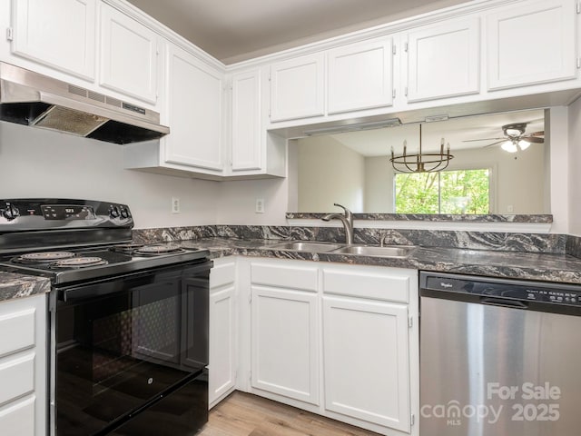 kitchen with dishwasher, a sink, black electric range oven, under cabinet range hood, and white cabinetry