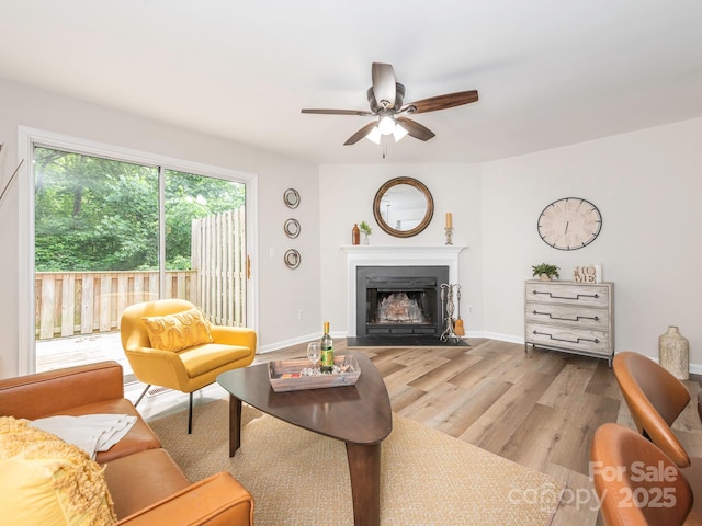 1203 Maple Shade Ln, Charlotte, NC 28270 - living area with a ceiling fan, wood finished floors, baseboards, and a fireplace with flush hearth