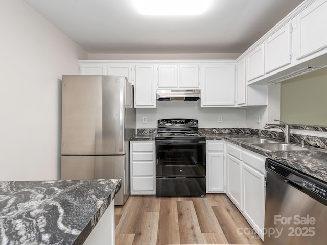 1203 Maple Shade Ln, Charlotte, NC 28270 - kitchen featuring appliances with stainless steel finishes, under cabinet range hood, a sink, and white cabinetry