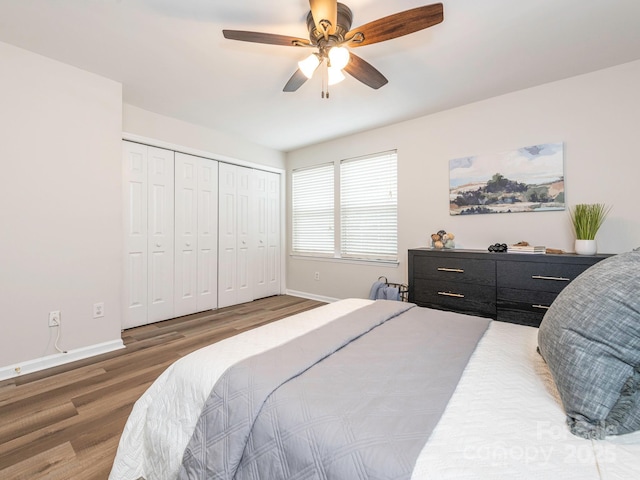 1203 Maple Shade Ln, Charlotte, NC 28270 - bedroom featuring wood finished floors, baseboards, a ceiling fan, and a closet