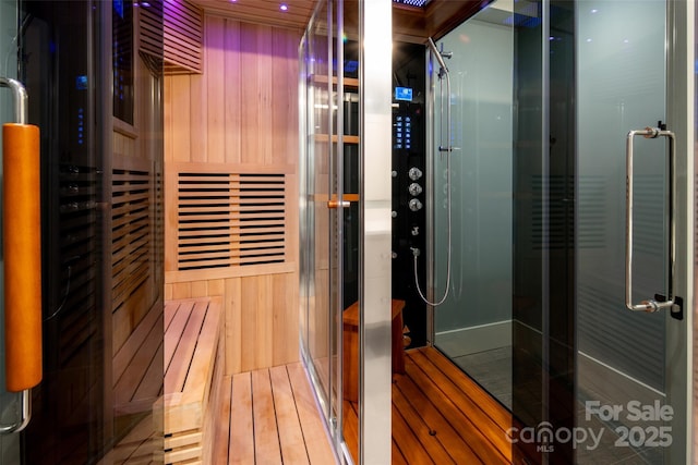 view of sauna / steam room with wood finished floors