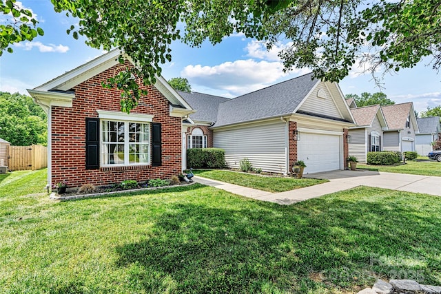 view of front facade featuring brick siding, a front lawn, an attached garage, and concrete driveway