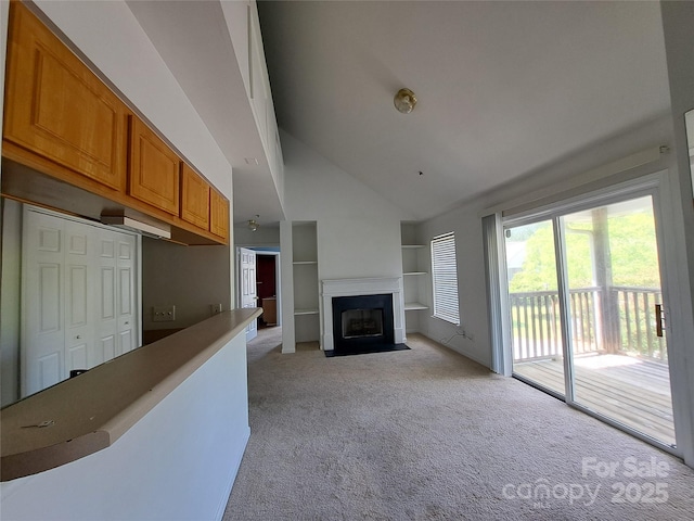 2527 Carya Pond Ln, Charlotte, NC 28212 - unfurnished living room with a fireplace with flush hearth, light carpet, built in features, and high vaulted ceiling