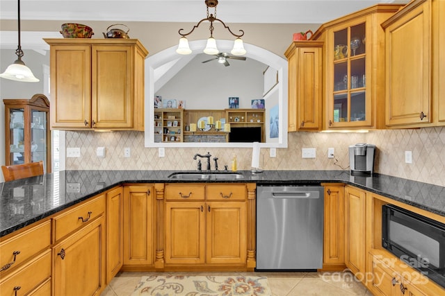 kitchen featuring stainless steel dishwasher, a sink, black microwave, glass insert cabinets, and light tile patterned floors
