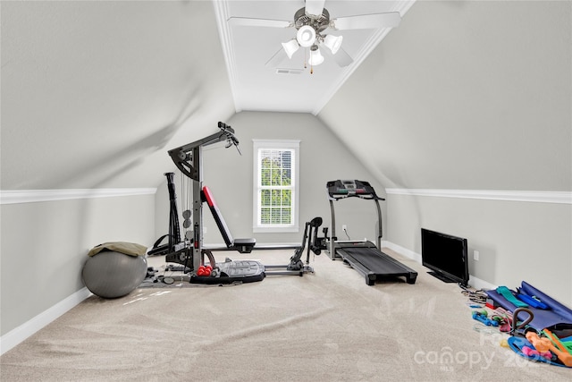 exercise area featuring carpet, a ceiling fan, and baseboards