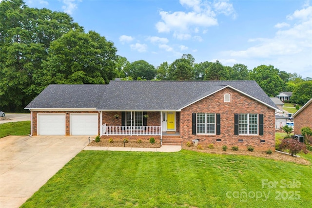 single story home featuring covered porch, driveway, brick siding, and a front yard