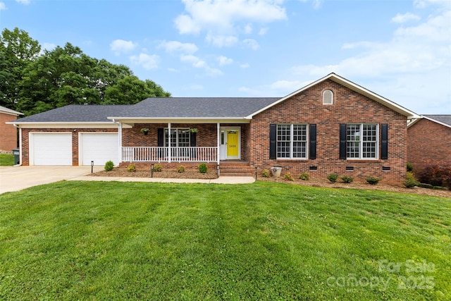 single story home with a porch, brick siding, driveway, a garage, and a front lawn