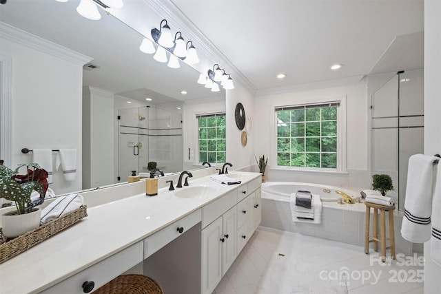 7067 Rocky Falls Rd, Charlotte, NC 28211 - full bathroom featuring crown molding, a shower stall, a bath, vanity, and tile patterned flooring