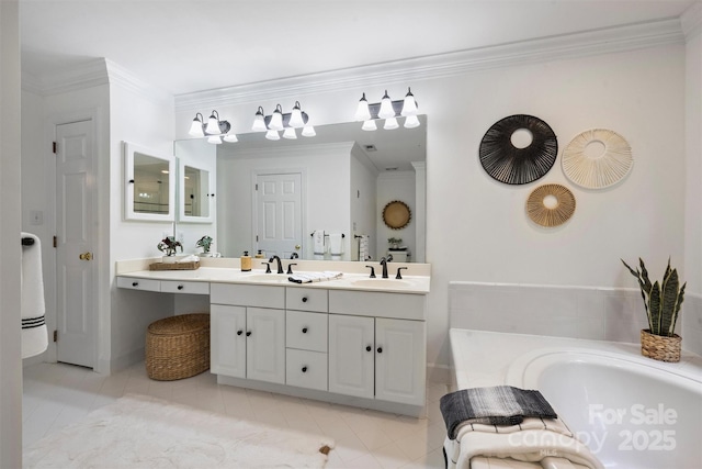 7067 Rocky Falls Rd, Charlotte, NC 28211 - bathroom with a garden tub, crown molding, double vanity, tile patterned flooring, and baseboards