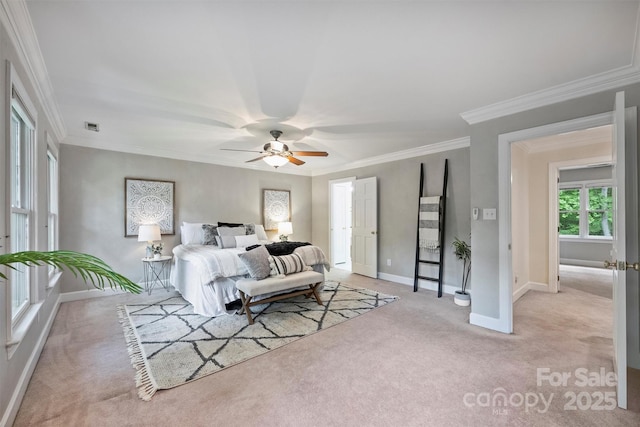 7067 Rocky Falls Rd, Charlotte, NC 28211 - bedroom featuring light colored carpet, baseboards, ornamental molding, and a ceiling fan