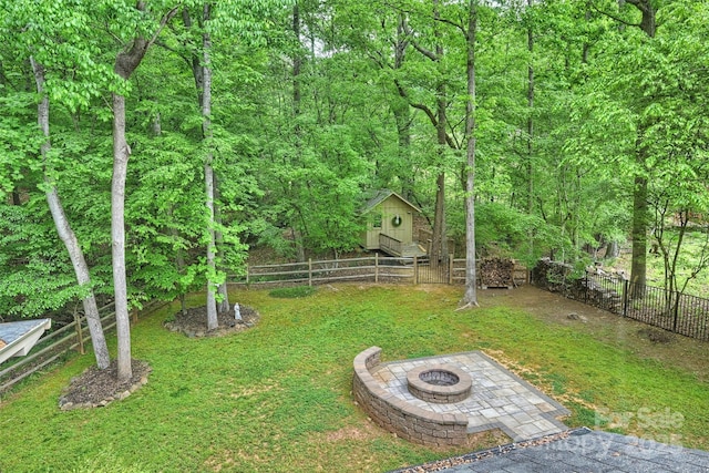 7067 Rocky Falls Rd, Charlotte, NC 28211 - view of yard with an outdoor fire pit and a view of trees