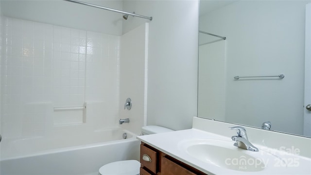 bathroom with toilet, vanity, and bathtub / shower combination