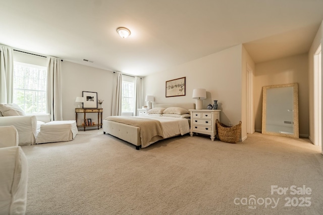bedroom with visible vents and carpet