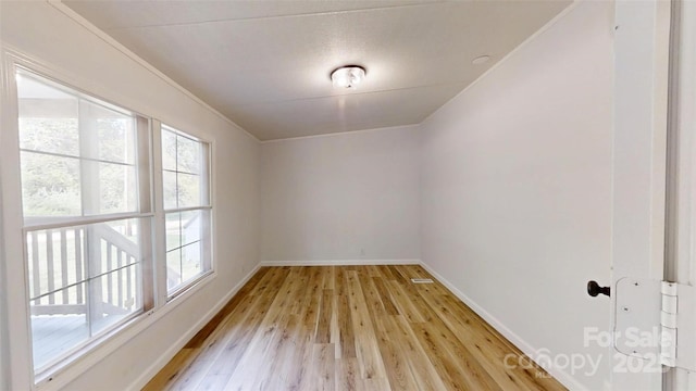 interior space with baseboards, ornamental molding, and light wood-style flooring