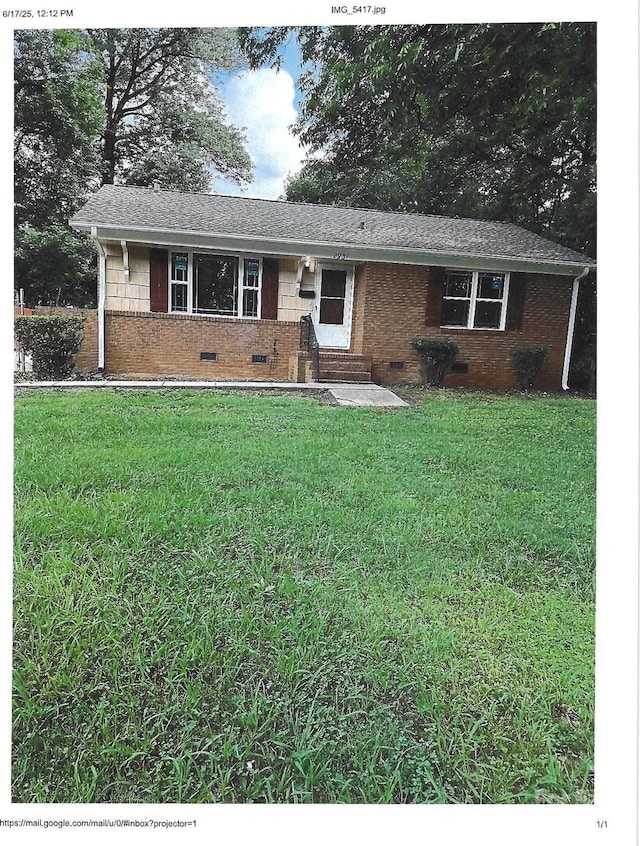 2831 Denview Ln, Charlotte, NC 28208 - ranch-style house with crawl space, a front yard, brick siding, and entry steps